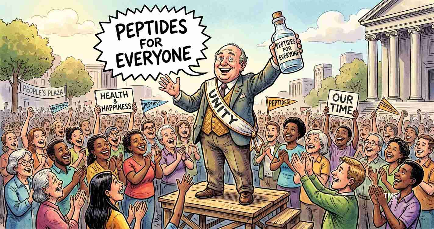 Cartoon of a man in a suit on a wooden platform labeled UNITY, holding a bottle reading 'Peptides for Everyone' while a cheering diverse crowd holds signs like 'Health & Happiness.'