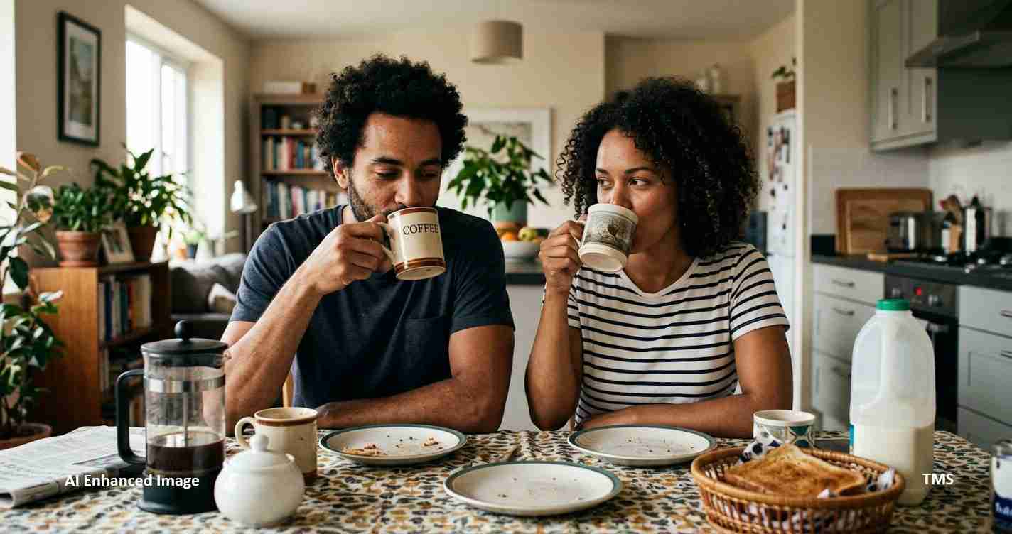 Couple drinking coffee at a sunlit kitchen table with plates and a bread basket nearby.