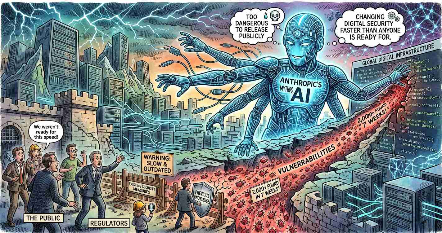 Cartoon of AI labeled 'Anthropic's AI' looming over a trench labeled 'Vulnerabilities' as officials and the public react.