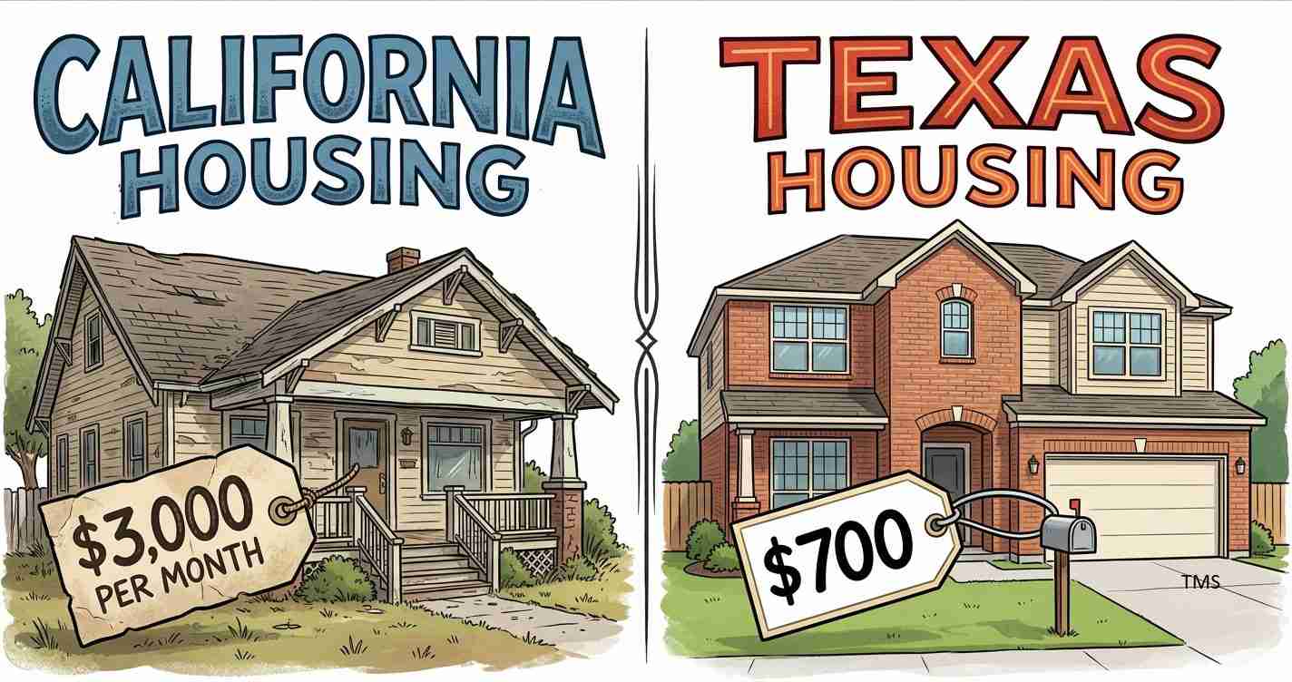Side-by-side houses show rent comparison: California $3,000/mo on the left and Texas $700 on the right.