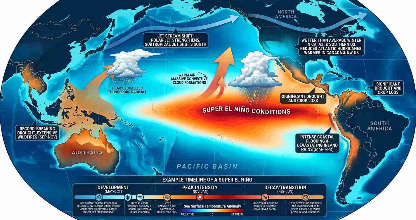 Infographic map showing a Super El Niño warming Pacific with impacts across continents and notes on droughts, rains, and coastal flooding in a blue-orange gradient map.