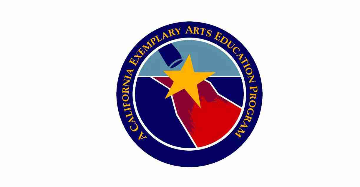 Circular seal-style logo for the California Exemplary Arts Education Program, with a yellow star and abstract red/blue shapes inside.