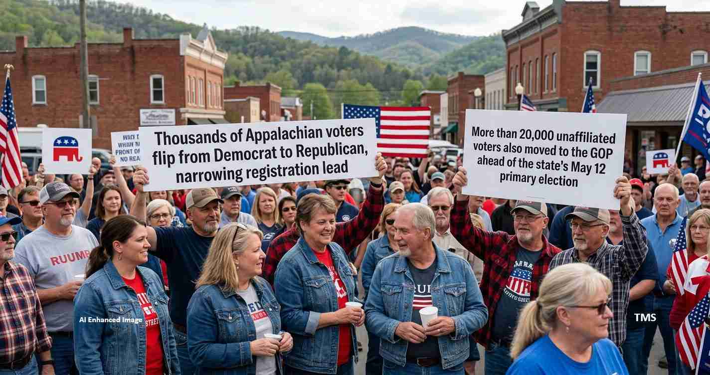 Large crowd on a town street at a political rally, many in denim jackets, holding two large signs about voters shifting from Democrat to Republican and unaffiliated voters joining the GOP, with American flags in sight.
