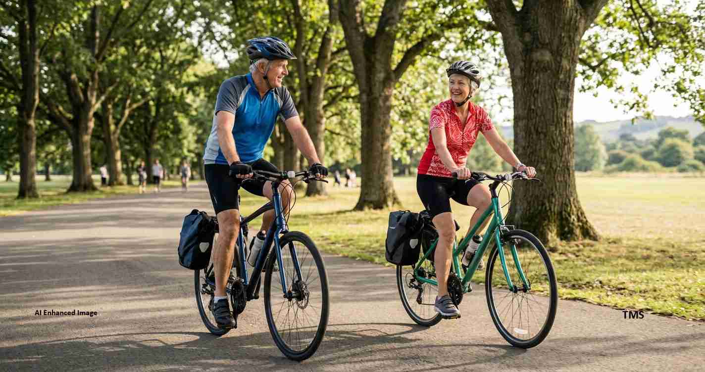 Two cyclists ride side by side on a tree-lined park path, wearing helmets and carrying pannier bags as they chat.