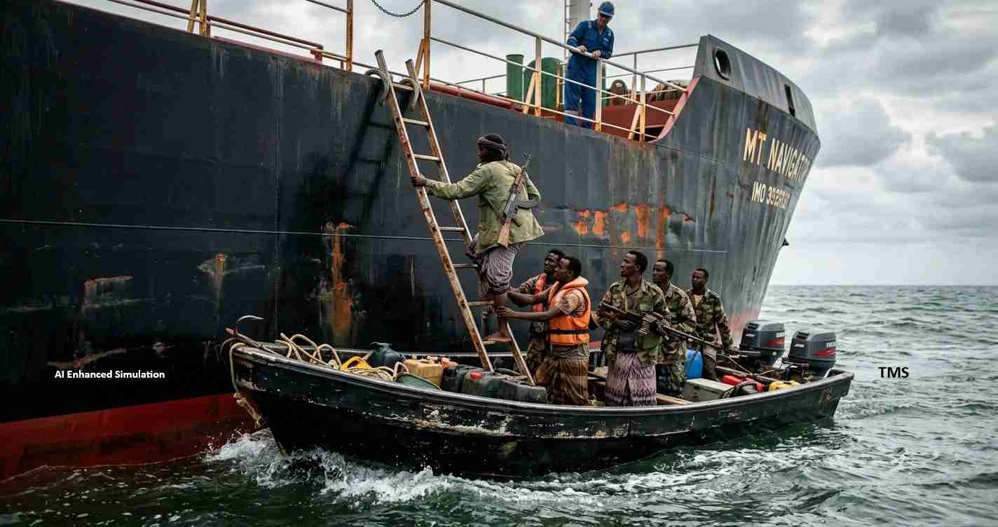 Rescue scene: a small dinghy approaches a large dark vessel as rescuers pass a climber up a ladder from the boat to the ship.