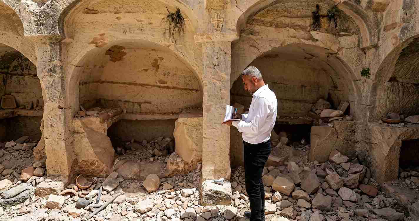 A man in a white shirt and dark pants takes notes with a notebook inside a ruined stone structure amid rubble.