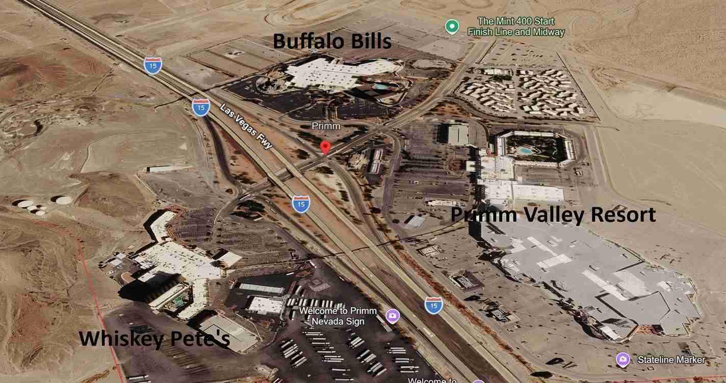 Aerial map of Primm, Nevada showing I-15 running north–south with Whiskey Pete's at the southwest and Primm Valley Resort to the southeast; Buffalo Bills is labeled near the center.