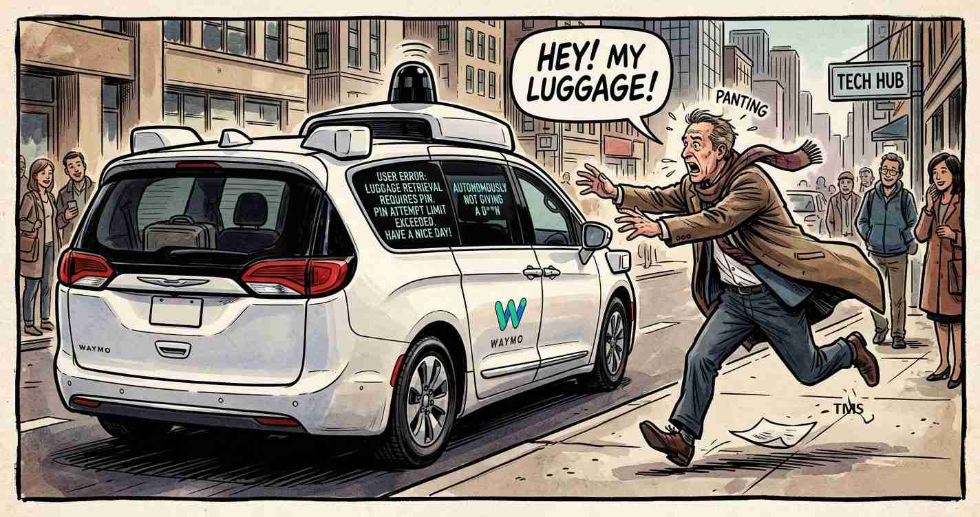 Cartoon of a self-driving Waymo van on a city street while a man chases it, shouting, 'Hey! My luggage!'
