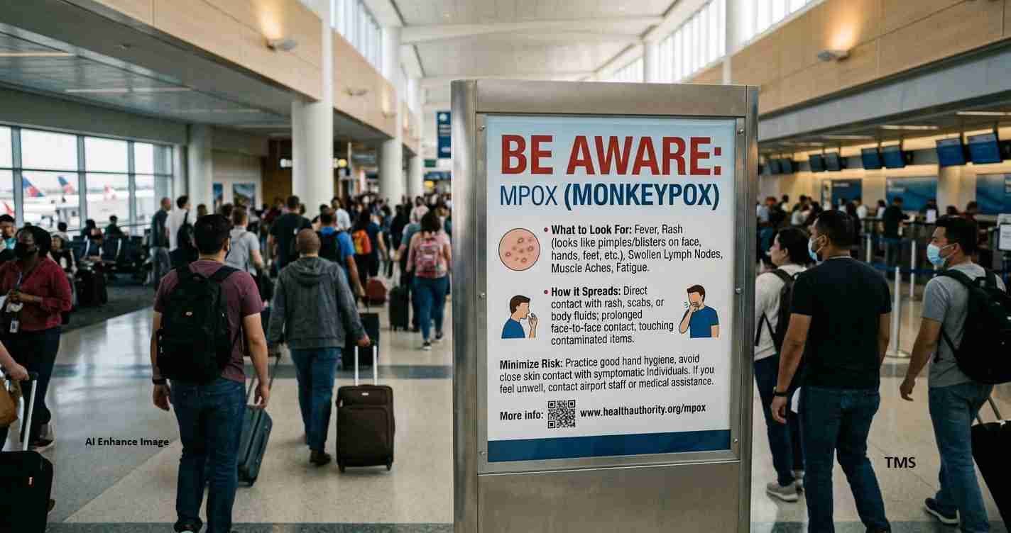 Airport concourse with a large mpox information poster in focus among travelers with luggage.