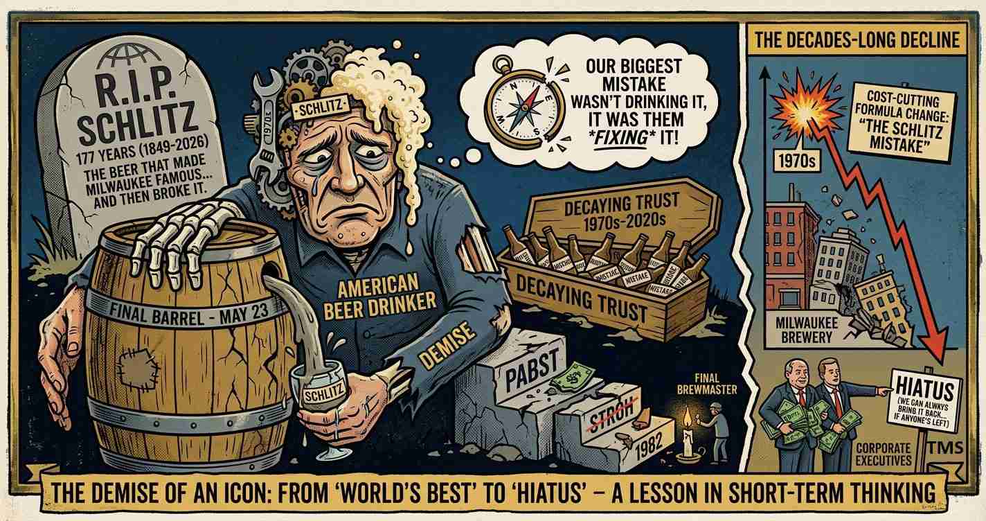 Satirical cartoon: a weary man labeled 'American Beer Drinker' sits by a leaking beer barrel, with Schlitz bottle in hand and 'Decaying Trust' crates nearby.