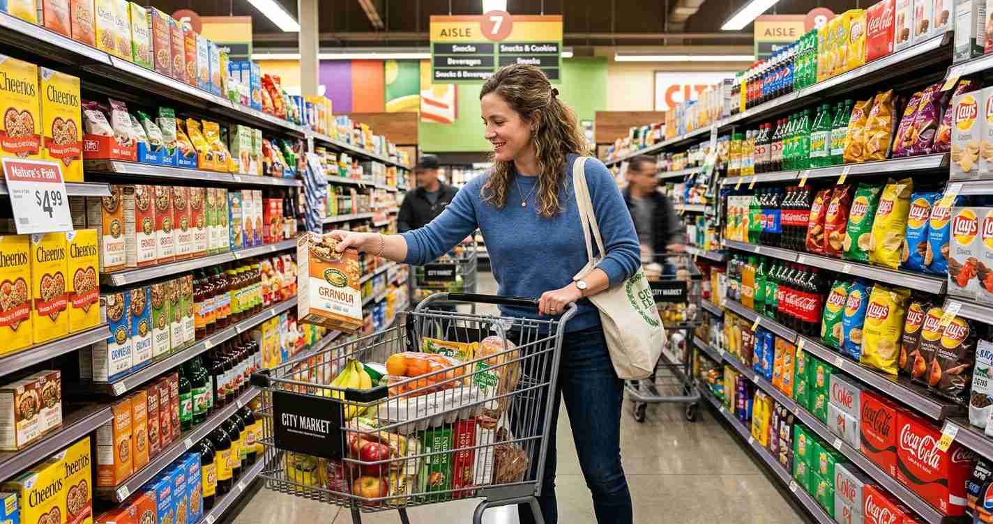 Woman in a blue sweater pushing a grocery cart down an aisle, reaching for granola boxes on the shelf.