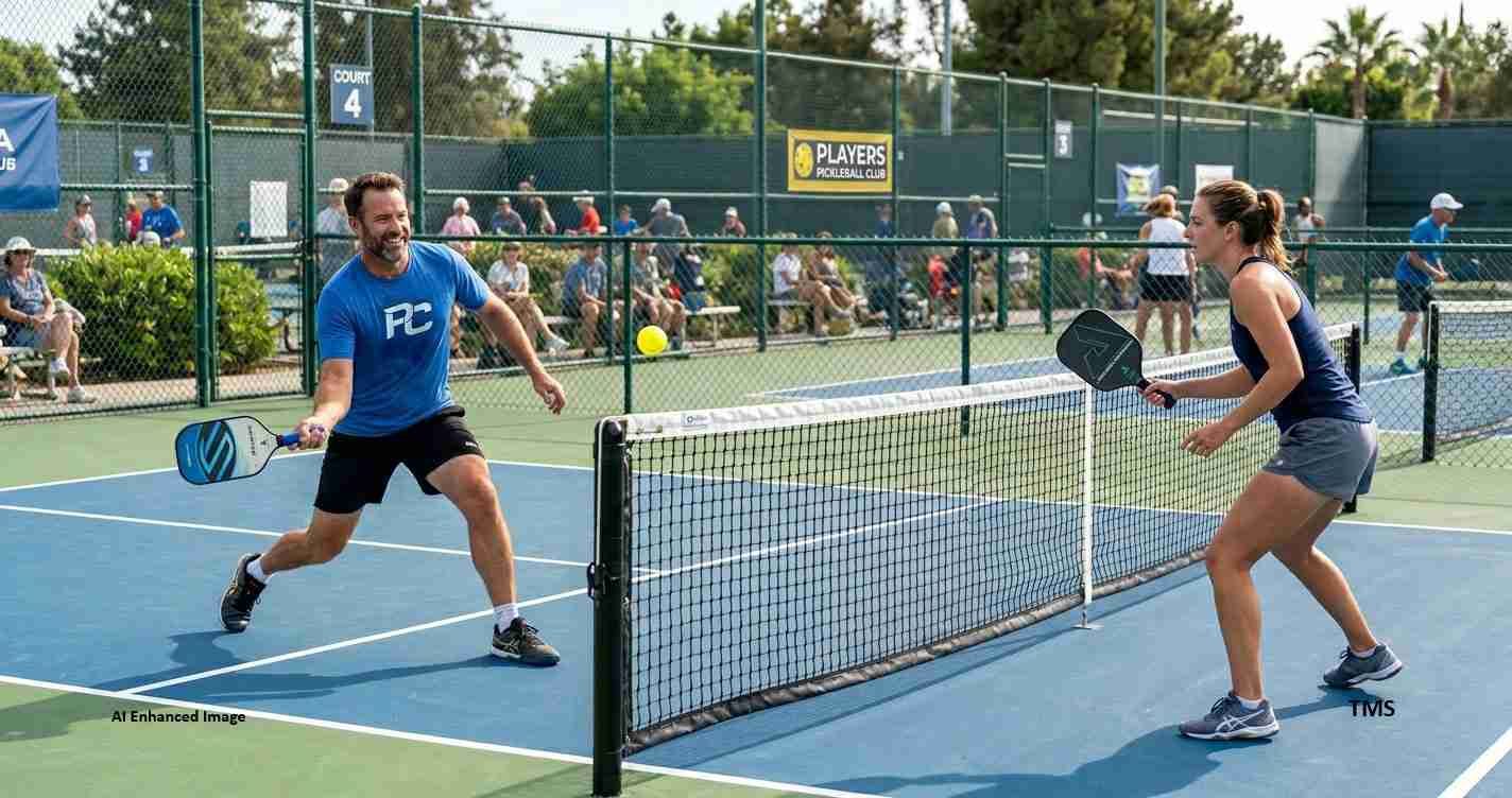 Two players compete in a pickleball match on a blue court, with a net between them and spectators in the background.