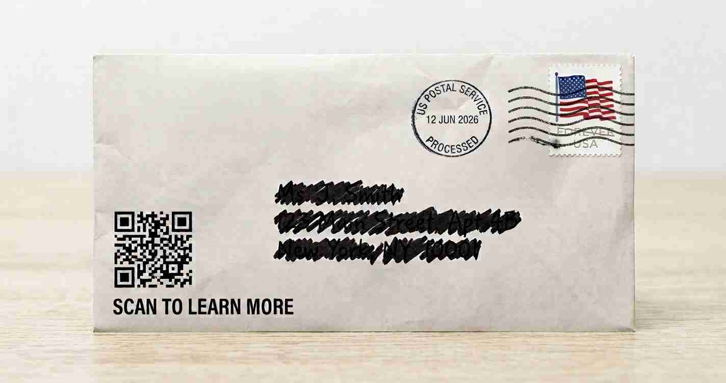 White envelope on a wood surface with a QR code on the left, a blacked-out address in the center, a US stamp and postmark in the top-right, and 'SCAN TO LEARN MORE' text at bottom-left.