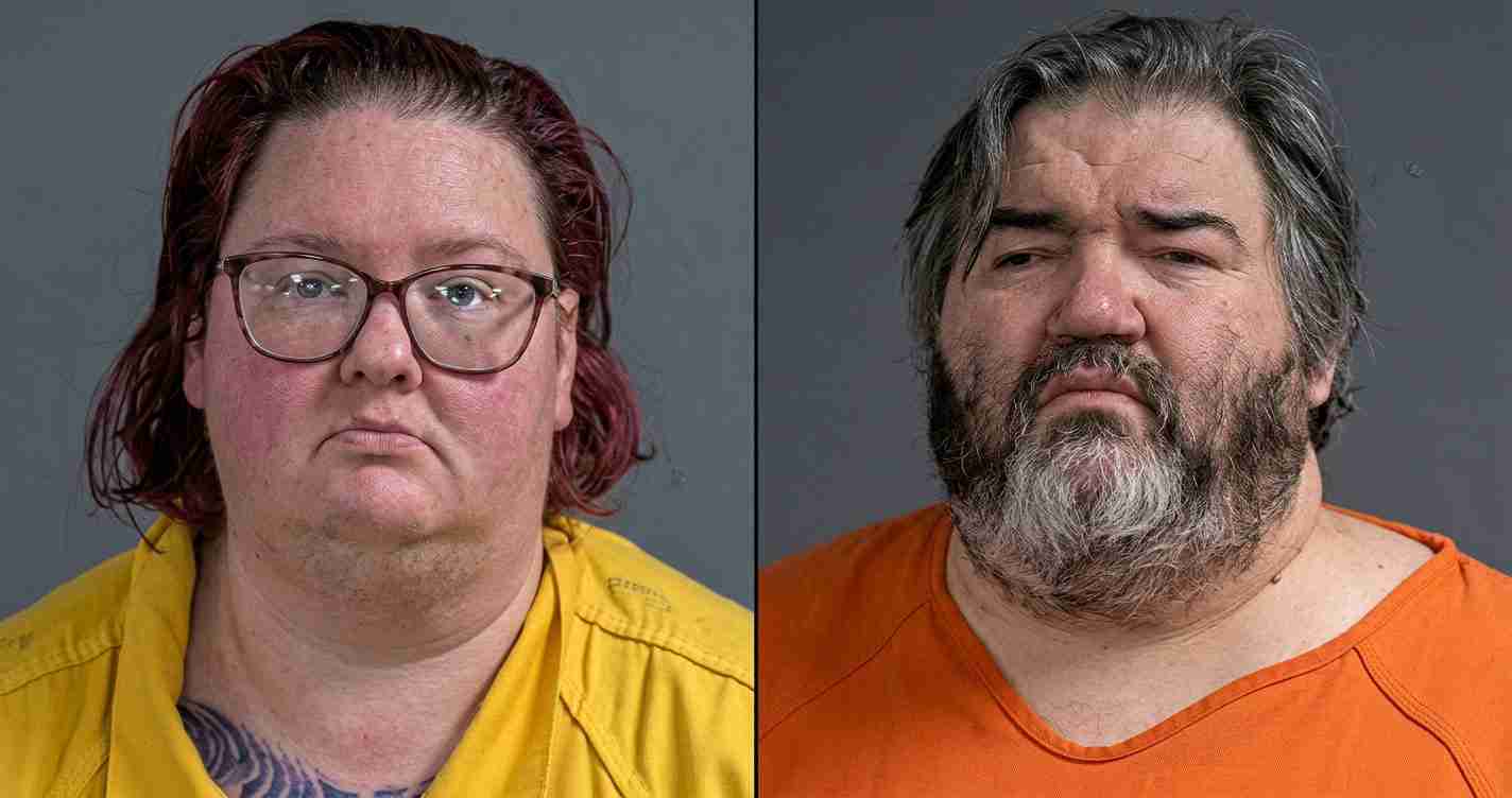 Mugshots side by side: a woman in a yellow jumpsuit on the left and a bearded man in an orange jumpsuit on the right against a gray background.