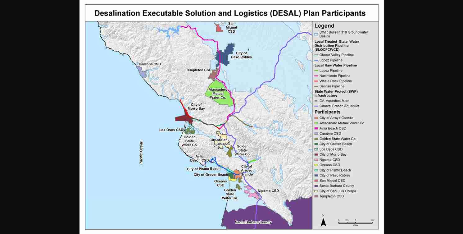 Map titled 'Desalination Executable Solution and Logistics (DESAL) Plan Participants' showing coastal California with colored pipelines and a legend of participants.