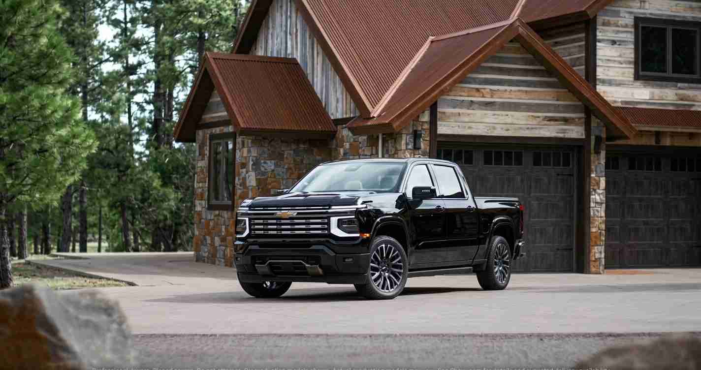 Black pickup truck (Chevrolet) parked in driveway in front of a rustic stone house with a brown metal roof.