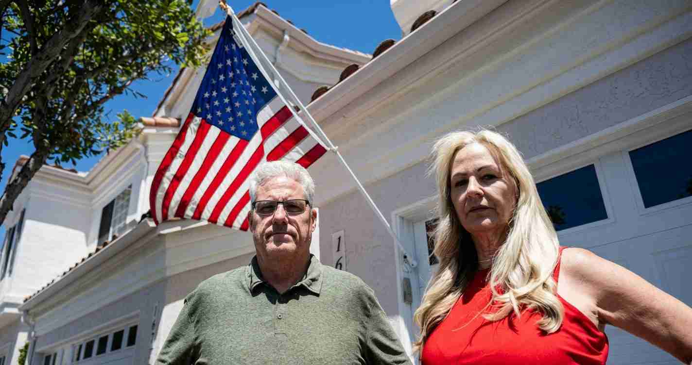 A gray-haired man and a blonde woman stand outside a white house with an American flag on a flagpole beside them.