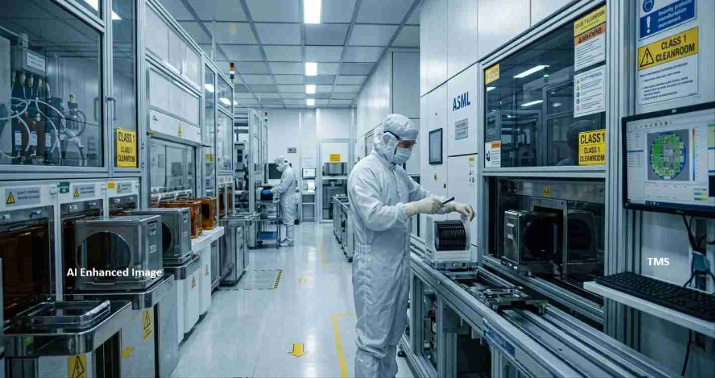 Two technicians in full cleanroom suits monitor and operate automated equipment in a sterile manufacturing line.