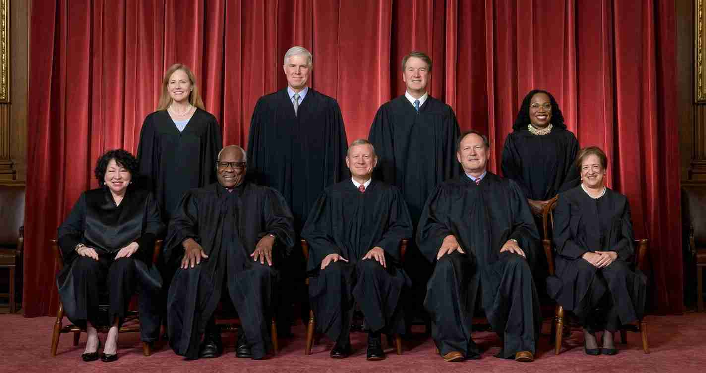 Eight judges in black robes pose for a formal group portrait in front of red curtains in a courtroom-like setting.