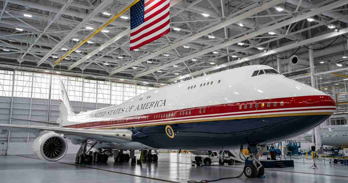 USA Air Force One aircraft inside a hangar, red, white, and blue livery with 'UNITED STATES OF AMERICA' on the fuselage and an American flag overhead