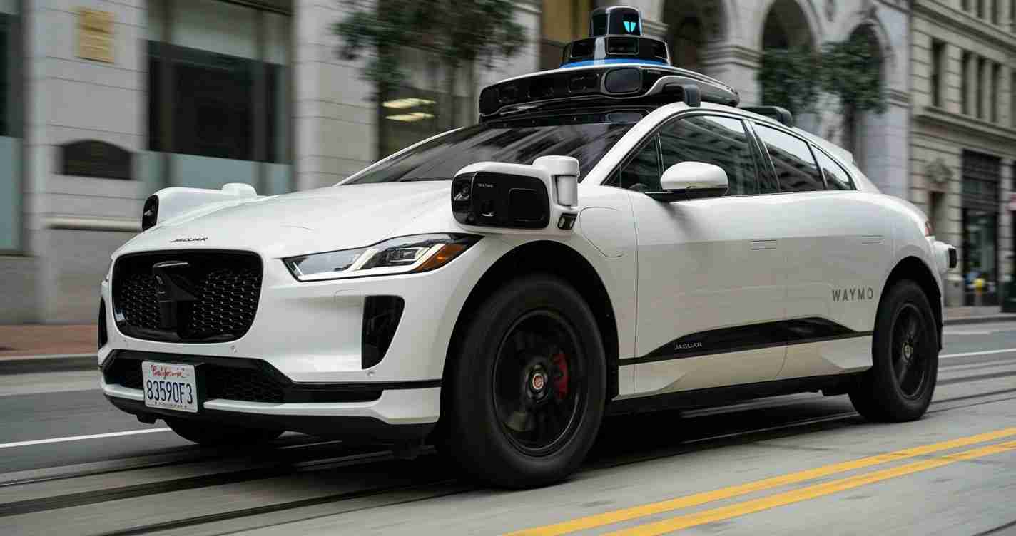 White Jaguar Waymo autonomous vehicle with roof-mounted lidar sensors driving on a city street.