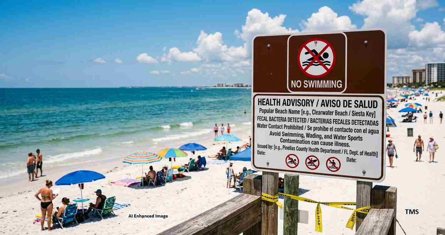 Beach scene with a large 'No Swimming' sign and health advisory; sunbathers under colorful umbrellas along the shoreline.
