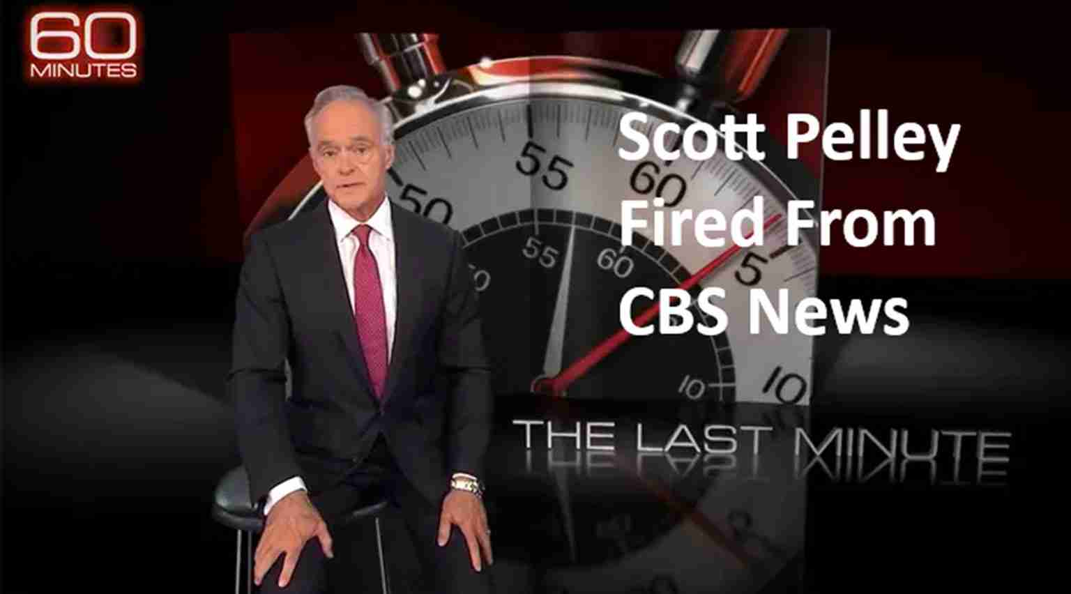 News anchor seated in a studio with a large stopwatch background and '60 Minutes' logo; headline mentions firing from CBS News.