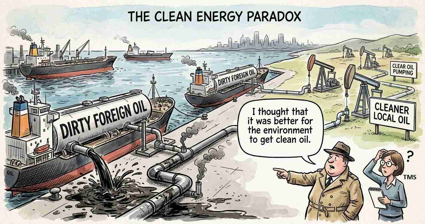 Cartoon showing oil pollution: large ships labeled 'Dirty Foreign Oil' dumping oil into a harbor, with pipelines and signs about local oil and pumping around.