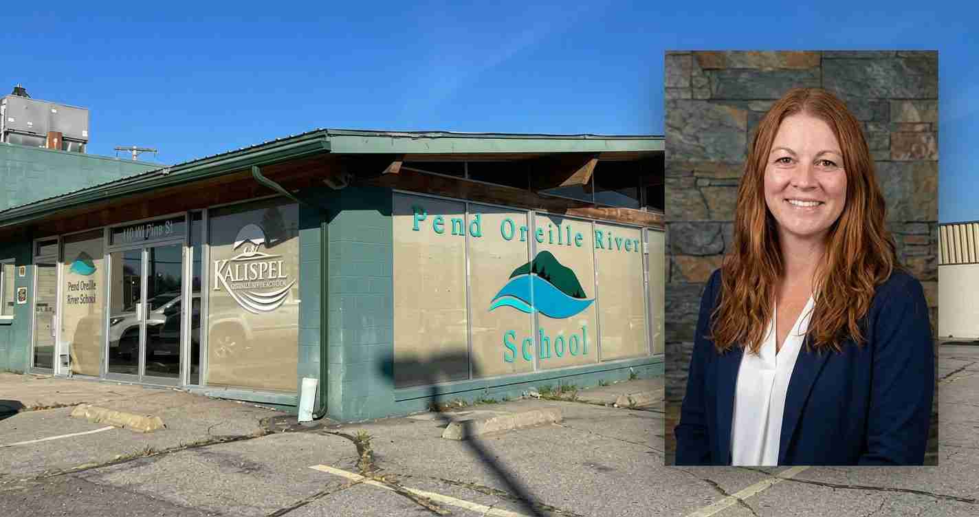 Exterior of Pend Oreille River School with teal walls and large windows; inset portrait of a smiling woman in a navy blazer.