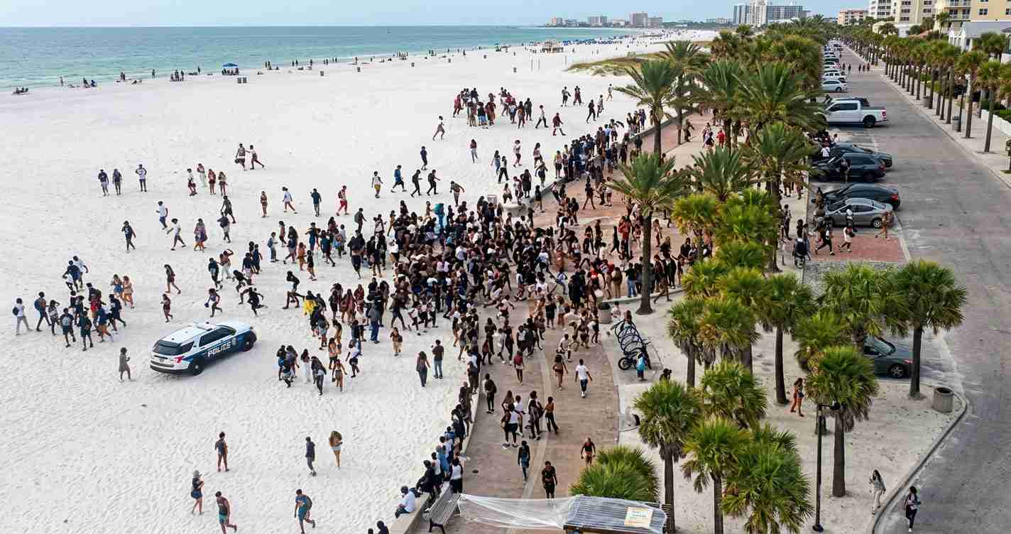 Large crowd gathers on a white-sand beach with a police car nearby and a palm-lined promenade with parked cars nearby.