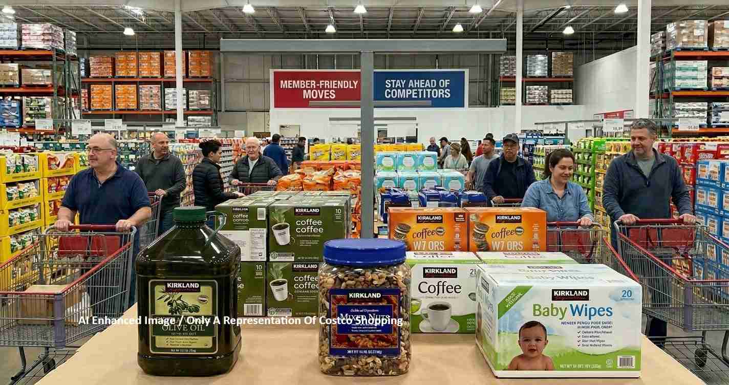 Shoppers push carts past tall shelves of bulk coffee, snacks, and baby wipes in a Costco-style warehouse store.