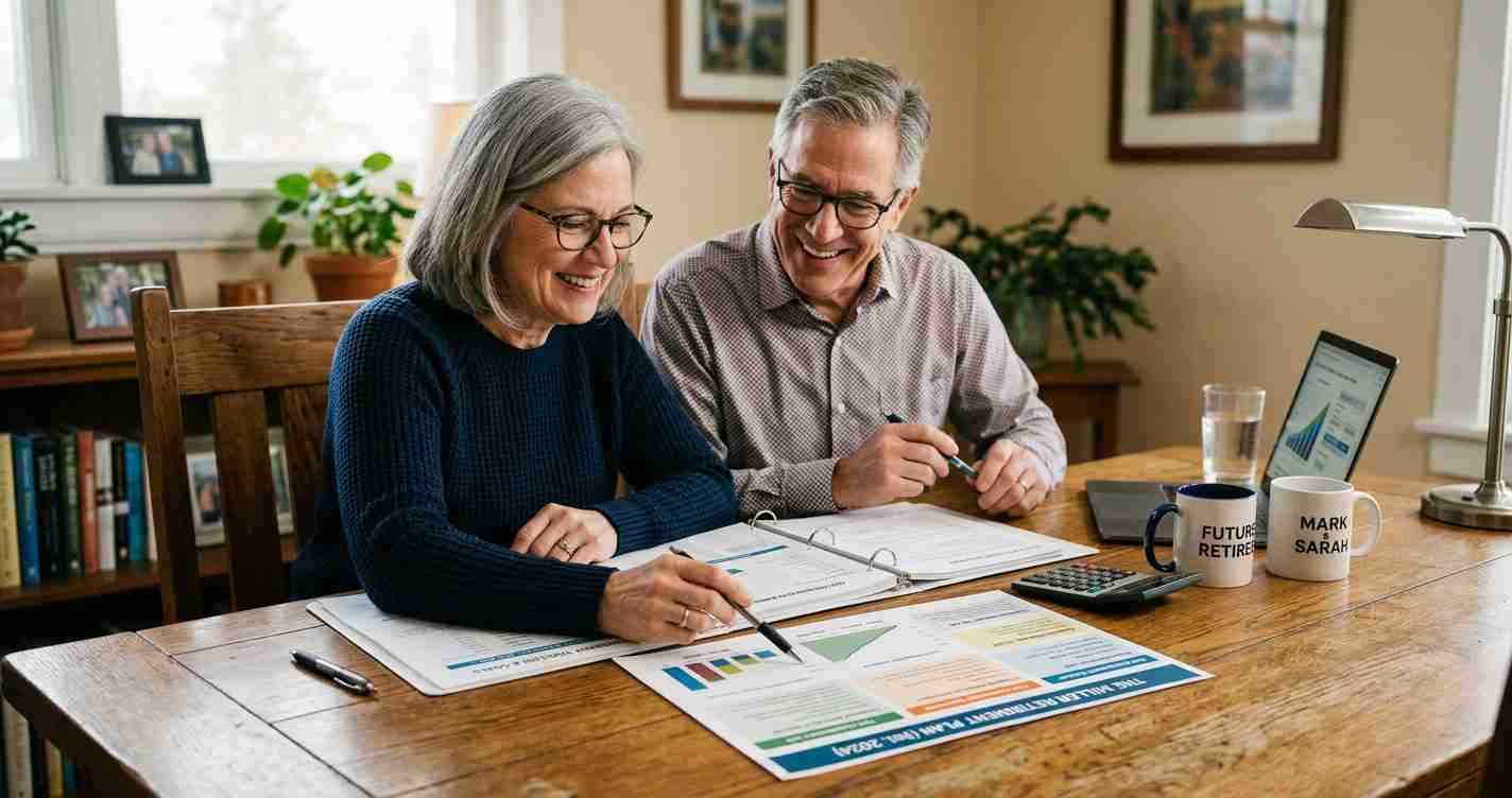 Elderly couple sits at a wooden table reviewing financial documents and charts, smiling as they discuss plans.