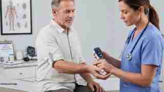 Nurse in blue scrubs checks an older man's blood pressure with a digital monitor in a clinic.
