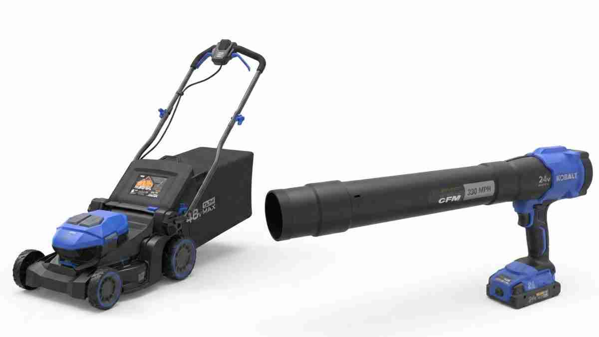 Cordless lawn mower with a detachable blower tube attached to a 24V battery on the right.