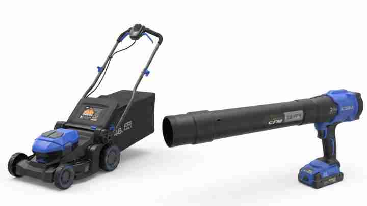 Cordless lawn mower with a detachable blower tube attached to a 24V battery on the right.