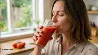 Woman sipping a glass of tomato juice in a bright, home kitchen with fresh tomatoes on the counter by a sunlit window.