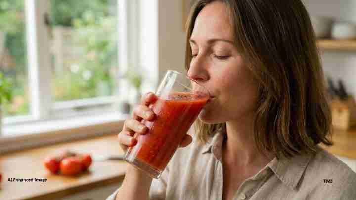 Woman sipping a glass of tomato juice in a bright, home kitchen with fresh tomatoes on the counter by a sunlit window.