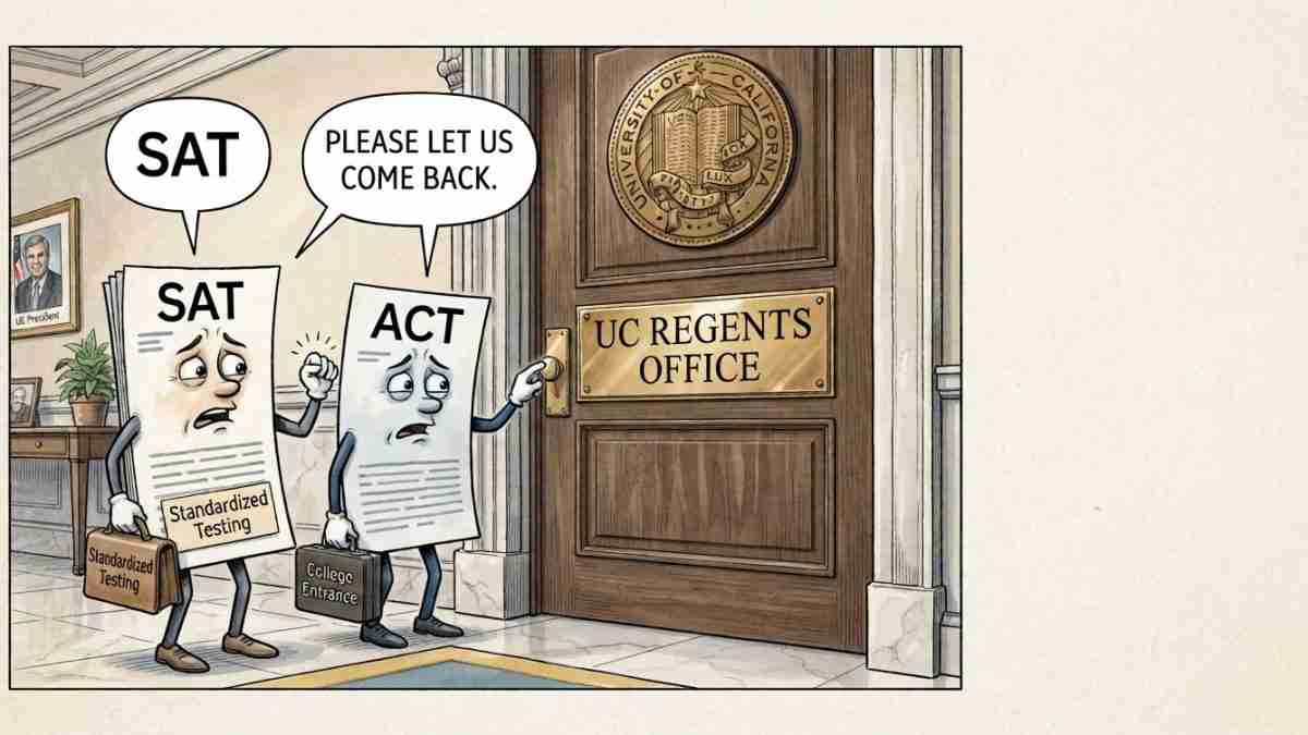 SAT and ACT characters plead to be let back into the UC Regents' Office, carrying briefcases labeled 'Standardized Testing' and 'College Entrance' as a seal sits on the door.