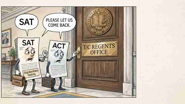 SAT and ACT characters plead to be let back into the UC Regents' Office, carrying briefcases labeled 'Standardized Testing' and 'College Entrance' as a seal sits on the door.