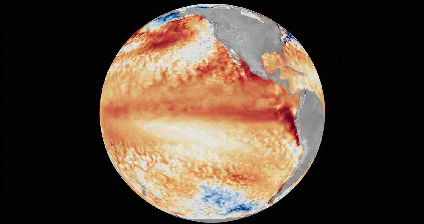 Infrared map of Earth showing heat patterns in red and orange across oceans, with the Americas on the right and space in the background.