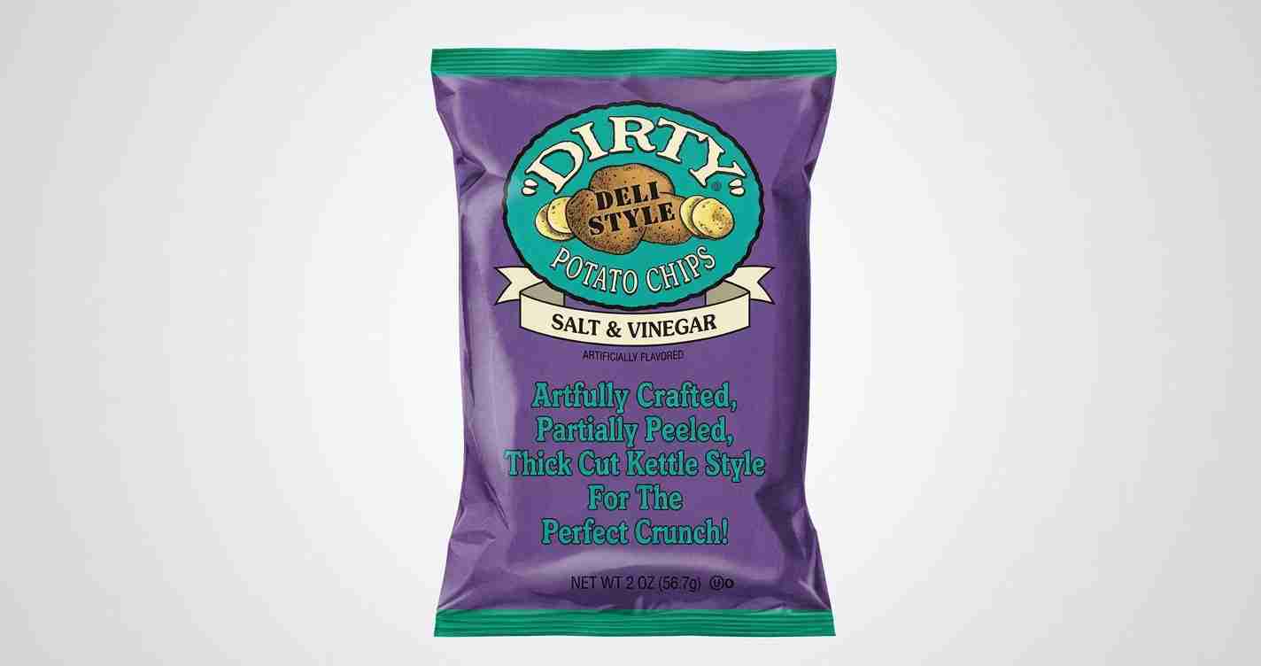 Purple bag of Dirty Dill Style Salt & Vinegar potato chips with teal circular logo on a purple background with green top and bottom edges